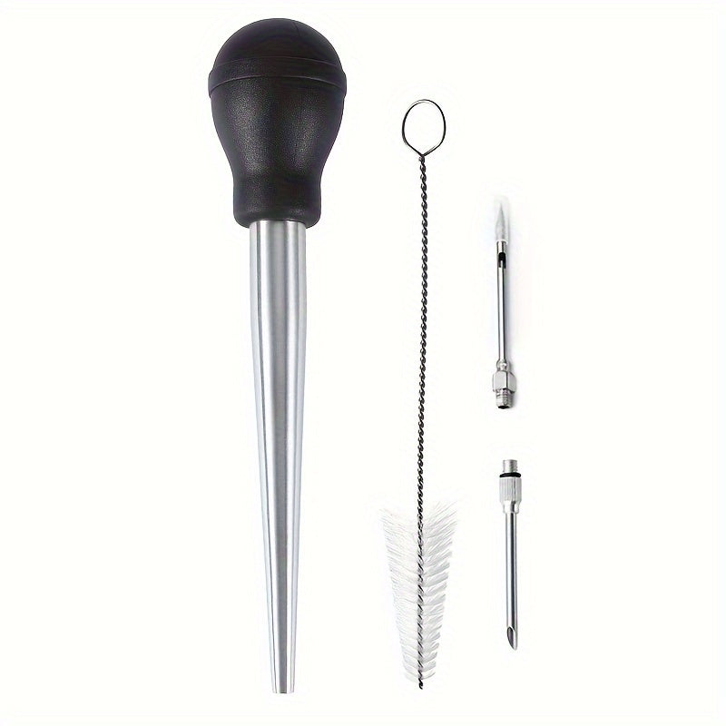 Set of high-quality stainless steel turkey baster and silicone brush, designed for easy cleaning and high-temperature resistance. Ideal for creating perfect marinades and cooking.