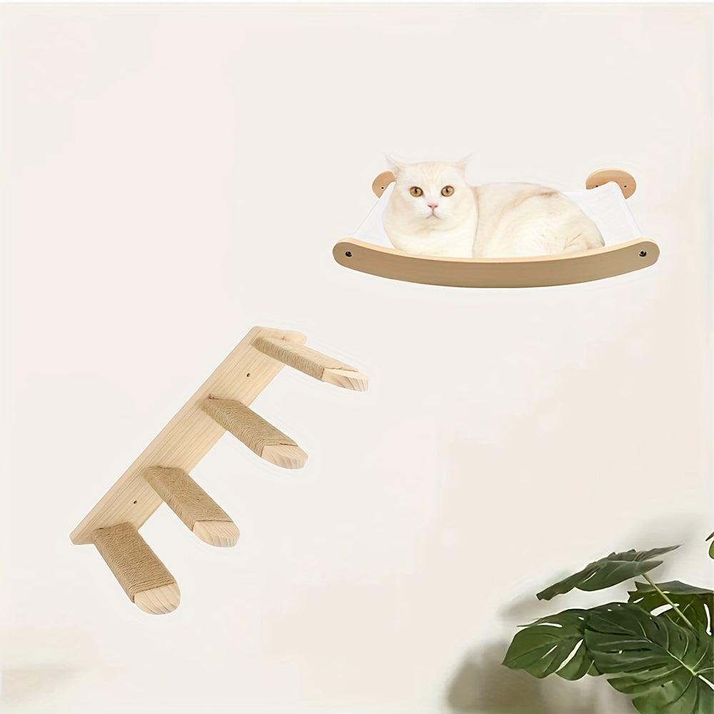 Wall-mounted cat hammock with climbing ladder, made of natural wood