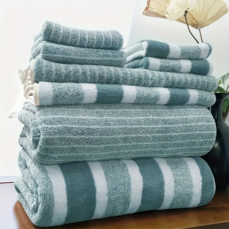 8-piece Striped Bath Towel Set with face, hand, and bath towels for hotel, sports, travel, fitness, and yoga. Soft, absorbent, and quick-dry. Ideal bathroom essentials with decorative towel