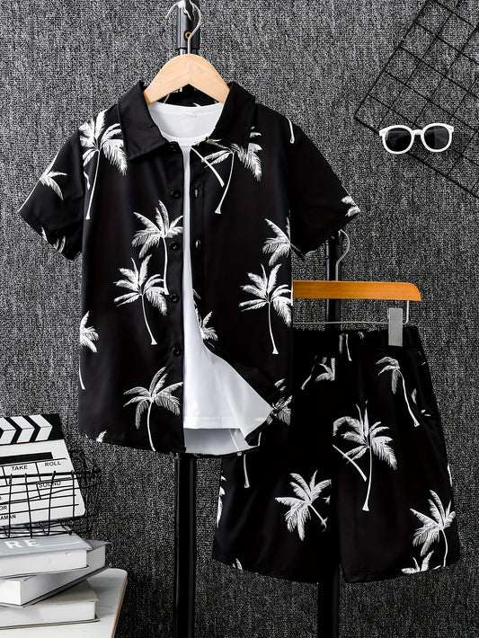 Boys casual coconut tree graphic print short sleeve shirt and shorts set for summer wear.