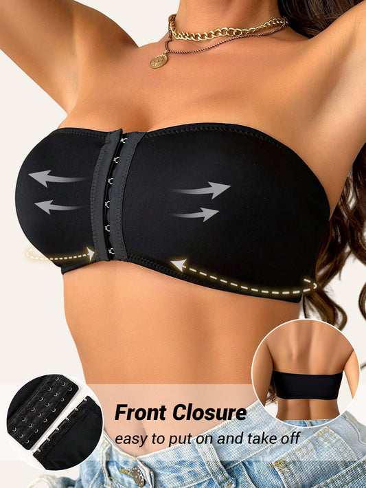 - Strapless bandeau bra with removable pads
- Made of breathable, high-elastic nylon blend
- Ideal for casual wear, yoga and dresses
- Front opening with contrast color
- Full coverage and