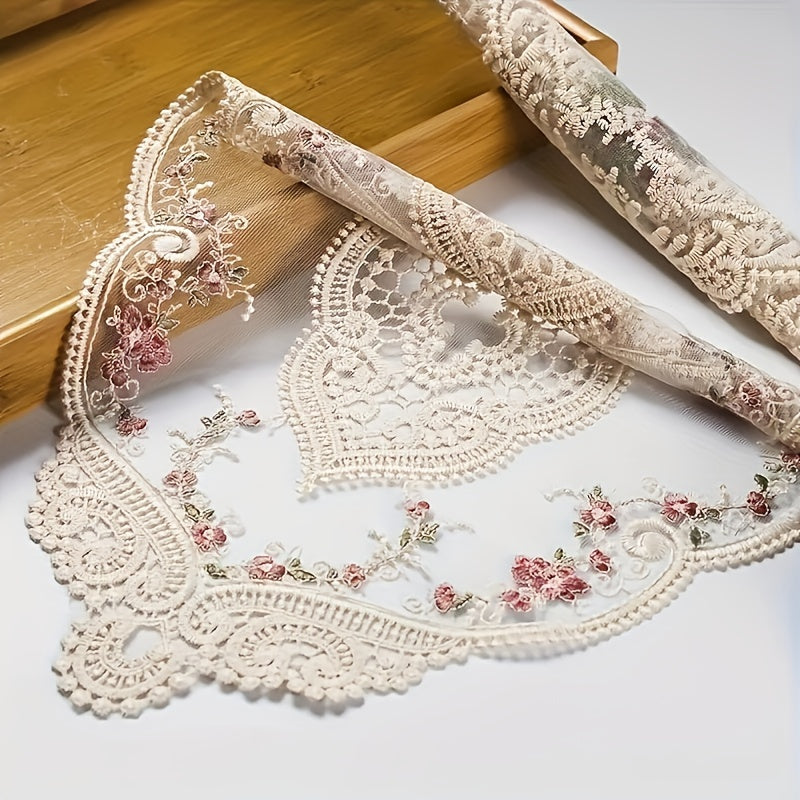 Vintage French lace embroidered placemat in polyester, ideal for dressing up tables or as a photography prop.