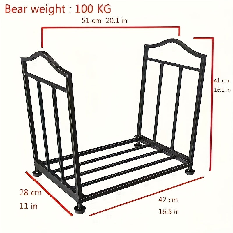 Metal firewood rack stand with adjustable height, designed for indoor and outdoor use. Ideal for organizing wood piles for fireplaces and log storage. Built to withstand heavy-duty use.