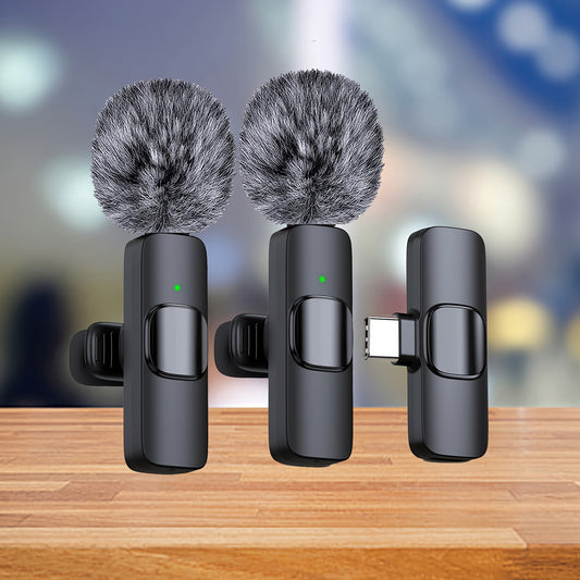 Wireless lavalier microphone with windproof fur ball for smartphones, laptops, and audio video recording, perfect for video interviews, podcasts, and vlogs.