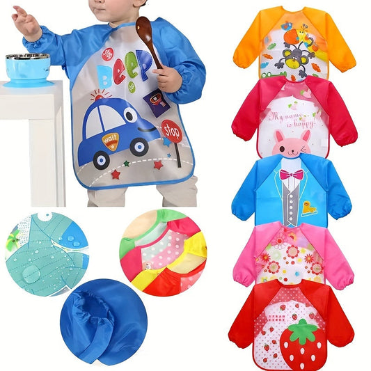 Long-Sleeve Waterproof Bib for Youngsters with Cartoon Design - Reversible Feeding Smock