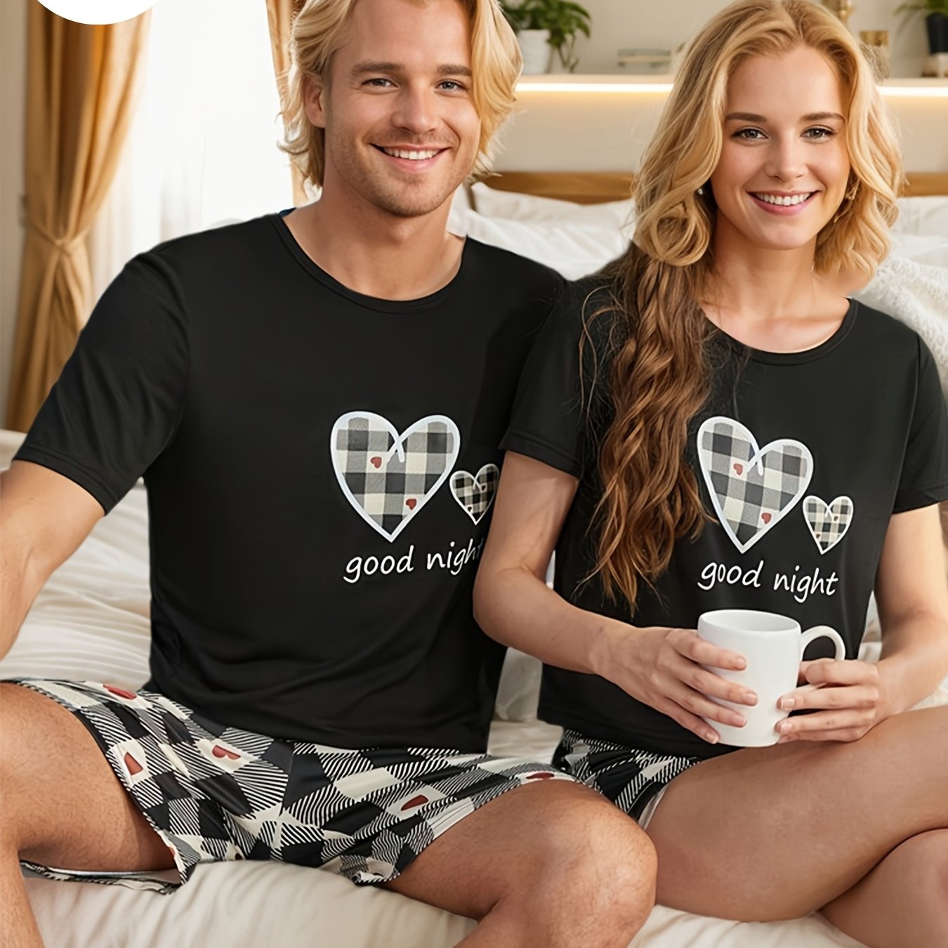 Valentine's Day matching couple clothing set with heart print short sleeve and shorts, made of soft polyester blend that is machine washable. Cozy and comfortable for him and her, perfect