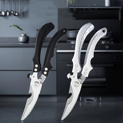 Steel kitchen shears made of stainless steel with automatic return feature, ideal for cutting chicken bones and various kitchen tasks.