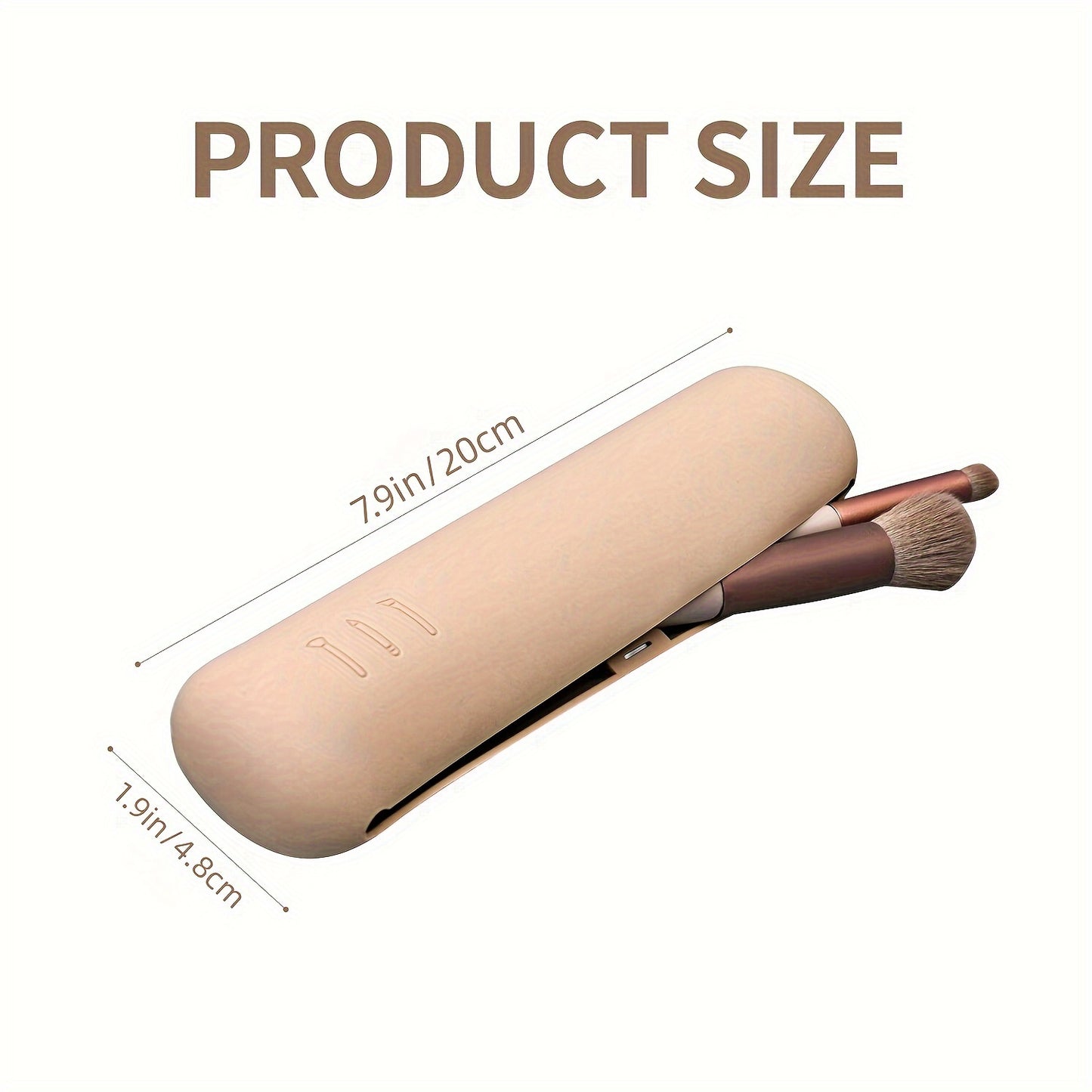 Travel makeup brush holder in beige silicone with magnetic closure; waterproof, anti-fall design for adult makeup tools organization.