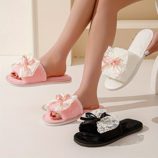 Women's Casual Bowknot Lace Slippers - Comfortable Indoor House Shoes with Soft Fabric Upper, EVA Sole, All-Season Design - Cixi Production Area