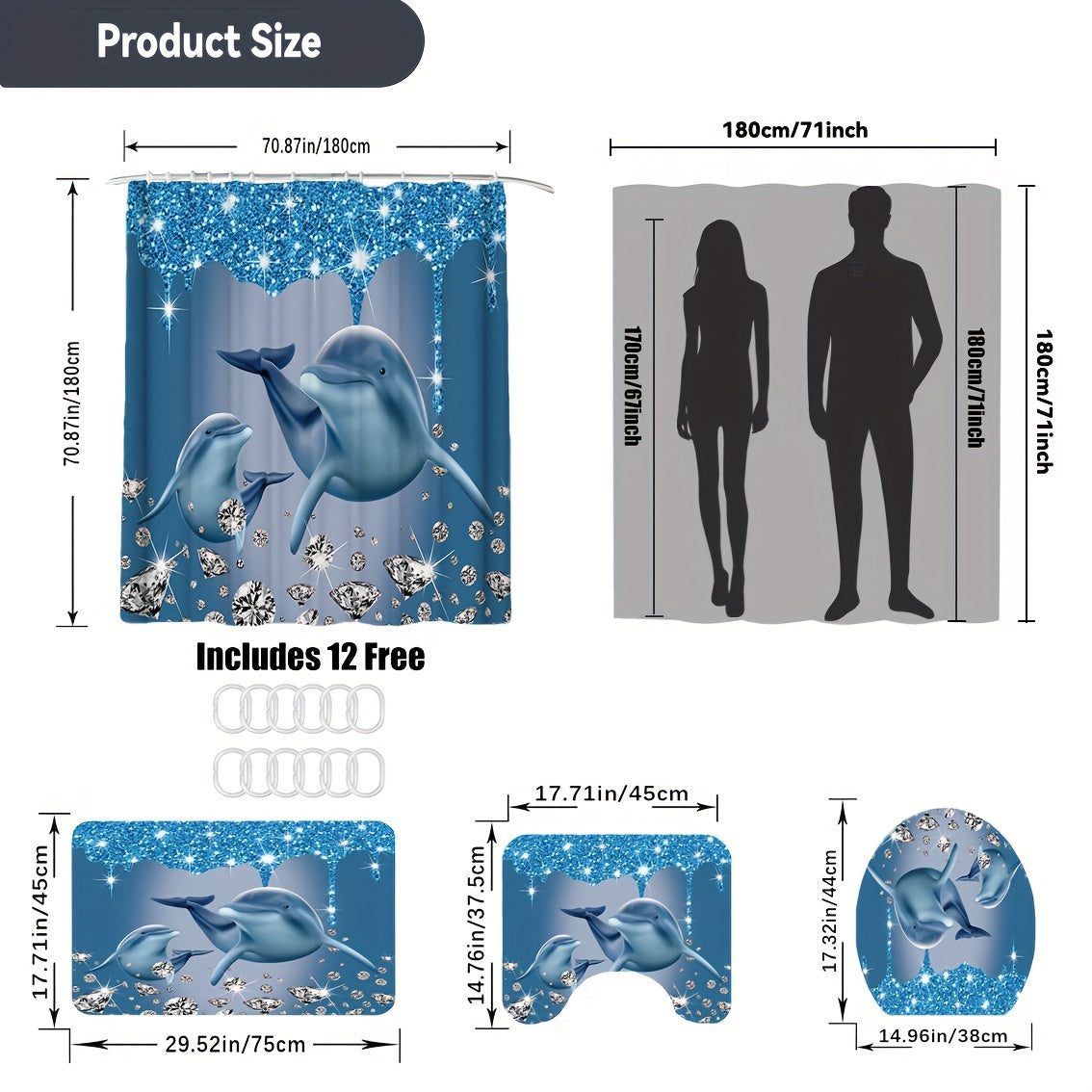 Ocean Dolphin Shower Curtain Set with 3D printed cartoon design, made of twill weave polyester fabric. Includes non-slip washable bath mat, toilet cover, and twist top with hooks. Suitable