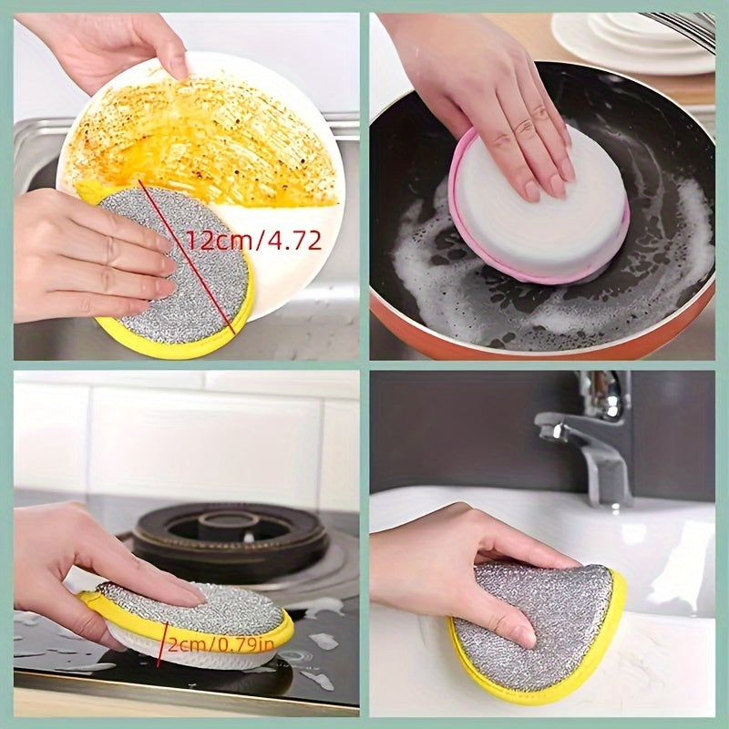 12 dual-sided microfiber kitchen sponges in pink, green, and yellow. Soft and scrubbing sides for efficient dishwashing. Reusable, oil-free, and stain-removing with a hanging hole design.