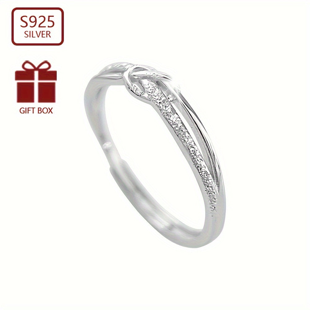 Women's adjustable sterling silver ring with starry knot rope design. Simple and frosted with a hollow plain opening. Hypoallergenic and lightweight, weighing approximately 1.2g.