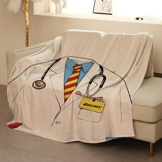 Cuddle up with this adorable Contemporary Cartoon Doctor Print Coral Fleece Blanket! Made from cozy soft knit fabric, this all-season blanket is perfect for the sofa, bed, office, camping, or travel. Decorate your home with this 180-200gsm blanket