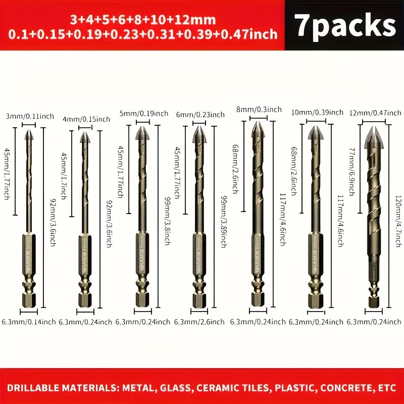 7 piece drill bit set made of tungsten steel with sharp triangle design for drilling tile, glass, concrete, marble, wood, and steel. Includes cross hex shank hole opener and reaming tool