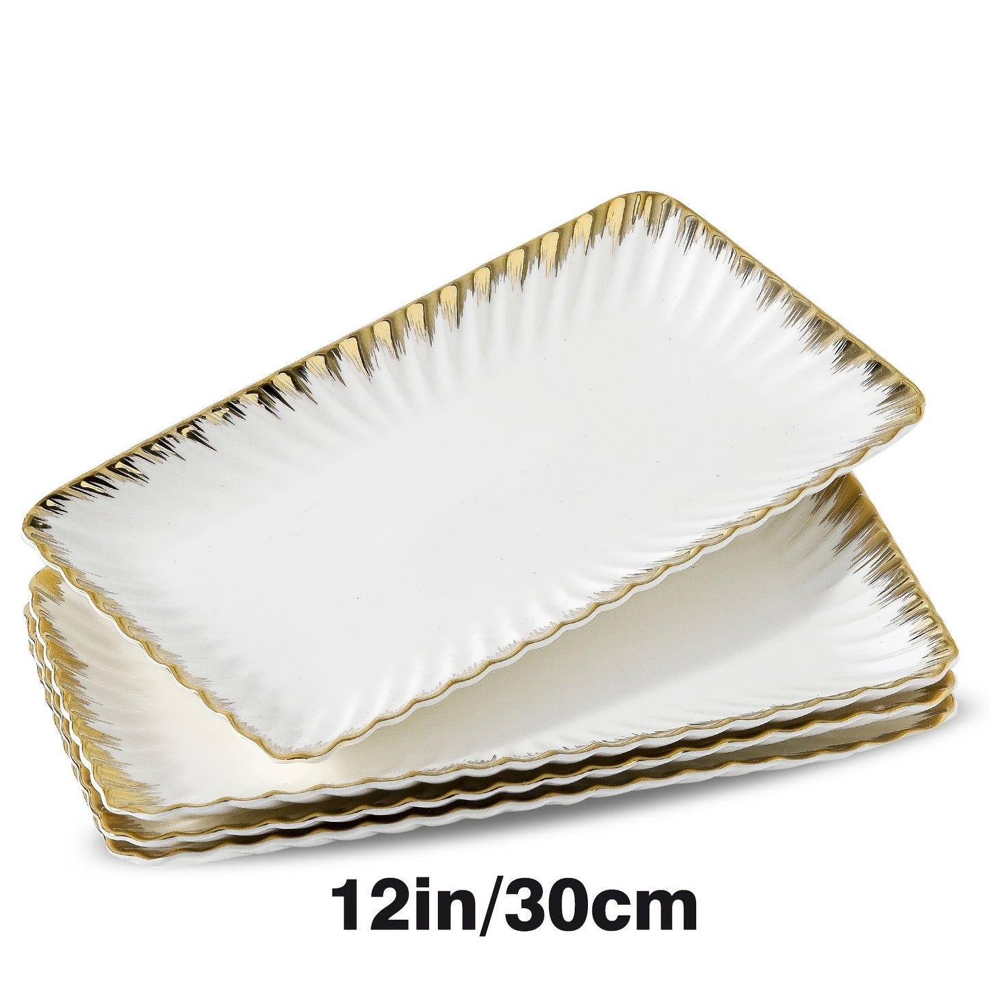 Set of 4 ceramic plates with golden rim, perfect for pasta, salads, and desserts. Dishwasher safe, ideal for home, dorms, and restaurants. Great housewarming gift.