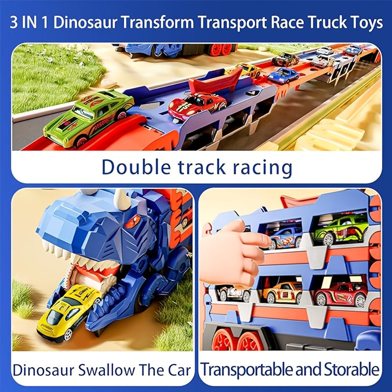 3-in-1 Dinosaur Transformer Truck Playset with 6 Mini Cars - Foldable, Slide Mechanism, 142.24cm Dual Track Racing, ABS Material, No Batteries Needed. Ideal for Garage Play. Ultimate Garage