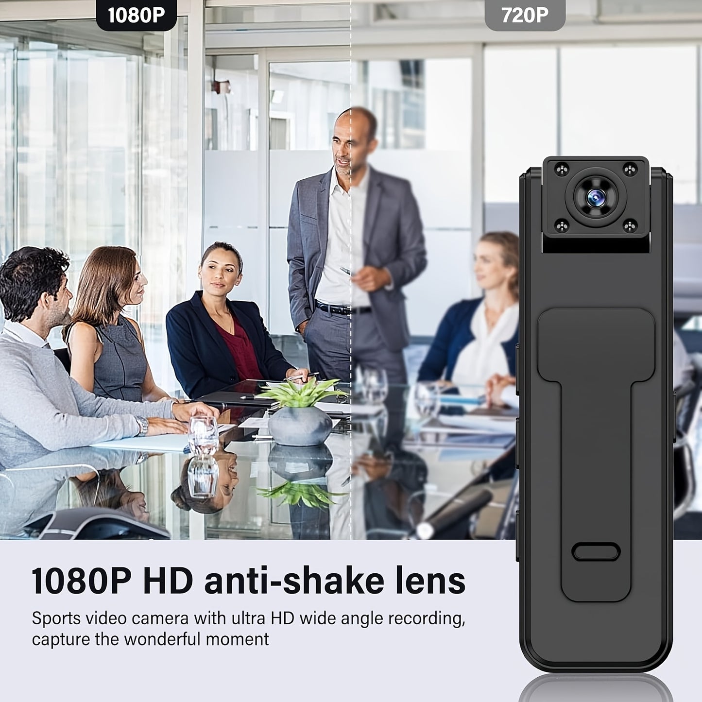 Mini wireless hidden camera with infrared night vision for sports, meetings, transportation, travel, and sports recording. 1080p video capture, USB rechargeable battery, and adjustable