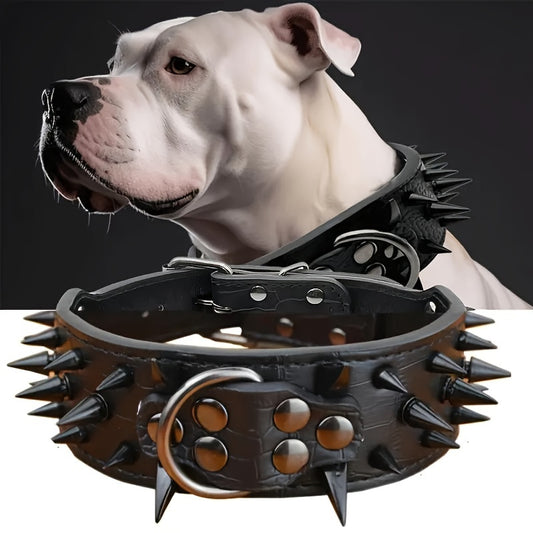 Medium to large dog collar with spiked studs, hand wash only, durable for heavy-duty use, non-breakable buckle, sturdy construction.