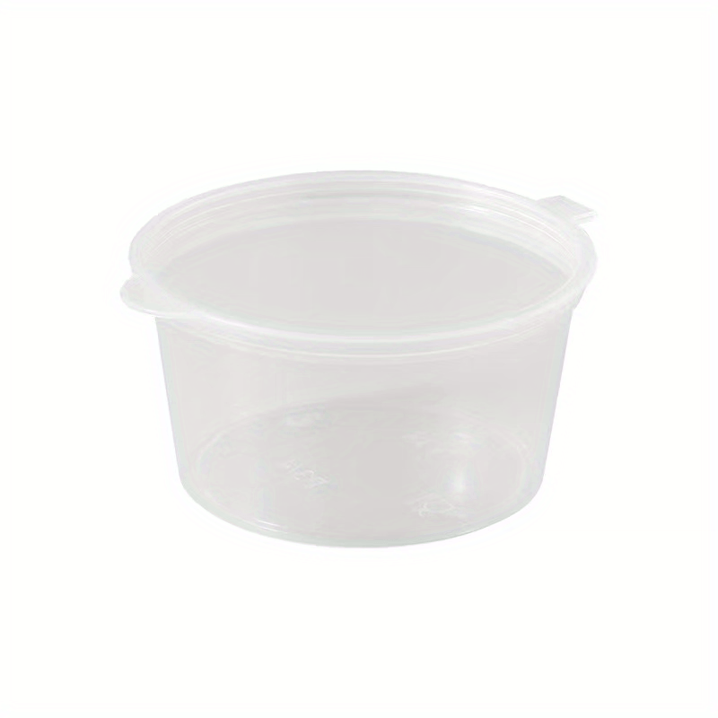 50 transparent disposable sauce boxes for takeout, packaging, and seasoning. These multipurpose food storage boxes come with covers.