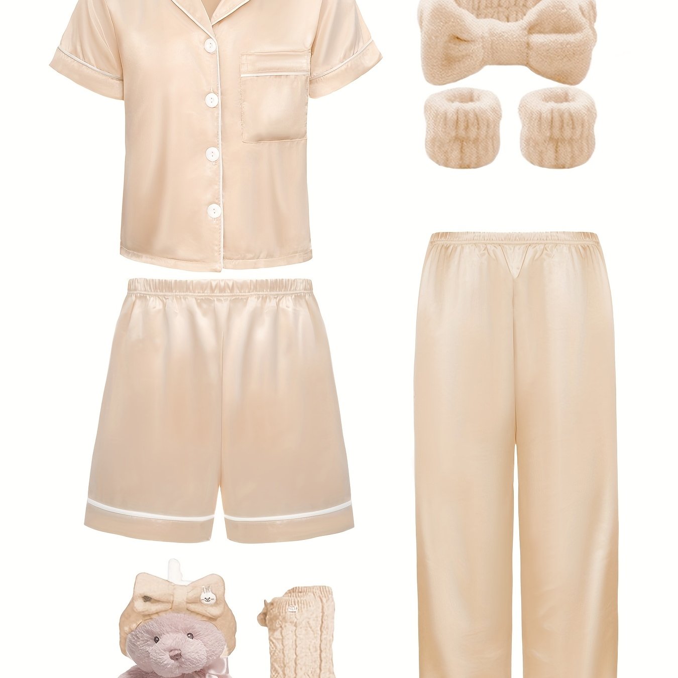 3 girls' flame retardant pajama set includes beige short sleeve collared cardigan top with chest pocket, matching shorts & long pants for spring/autumn, machine washable.