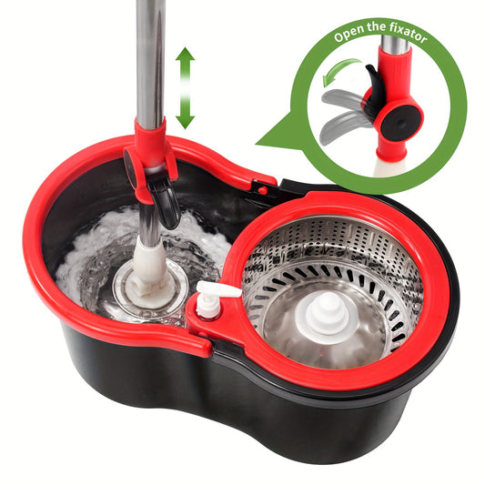 Spin Mop and Bucket Set includes 3 pieces, featuring a 360° rotating mop system with an ultrafine fiber mop head and adjustable stainless steel handle. Perfect for cleaning living rooms, bedrooms, and bathroom floors.