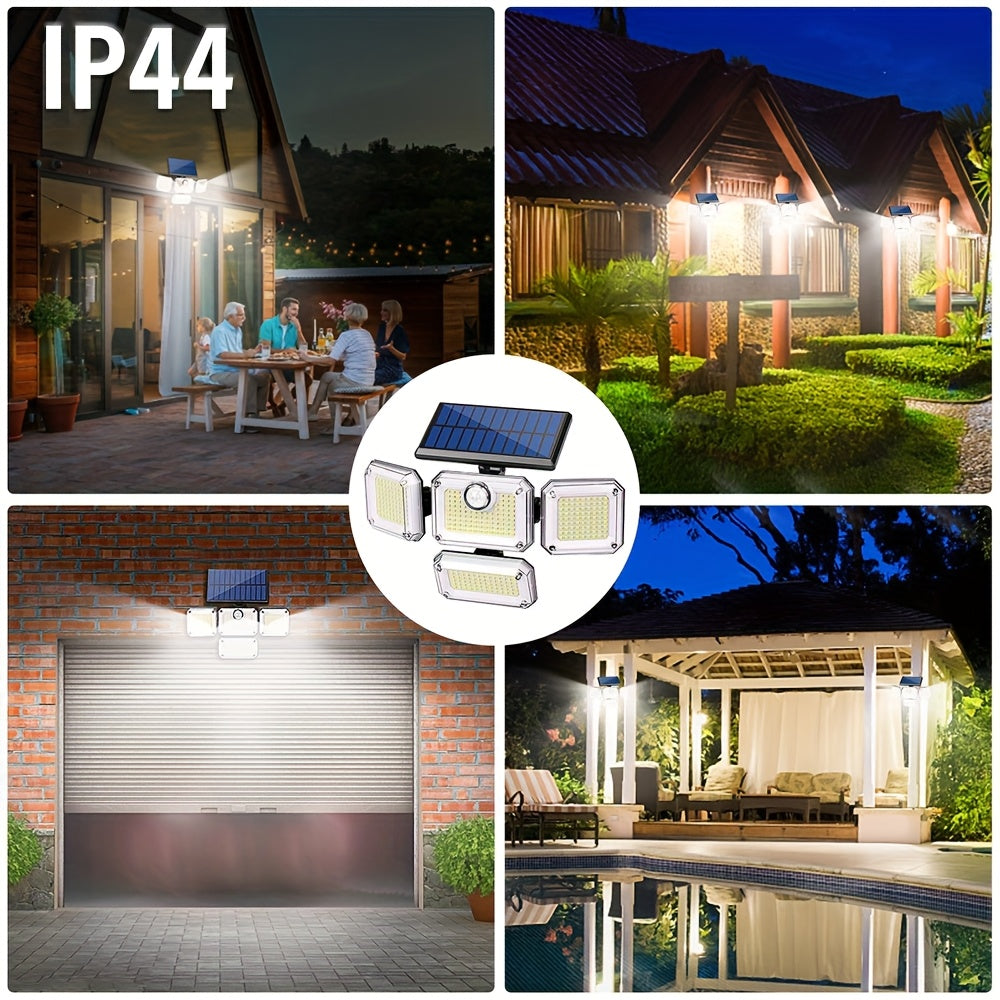 Solar-powered outdoor light with 333 LEDs, motion sensor, remote control for 3 modes, and 4-head design for patio, garage, porch, yard.