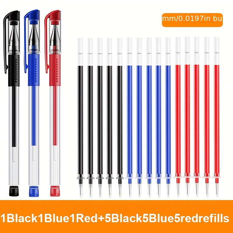 Set of 18 gel pens with black, blue, and red ink colors, 0.5mm tip, ideal for students and office use.