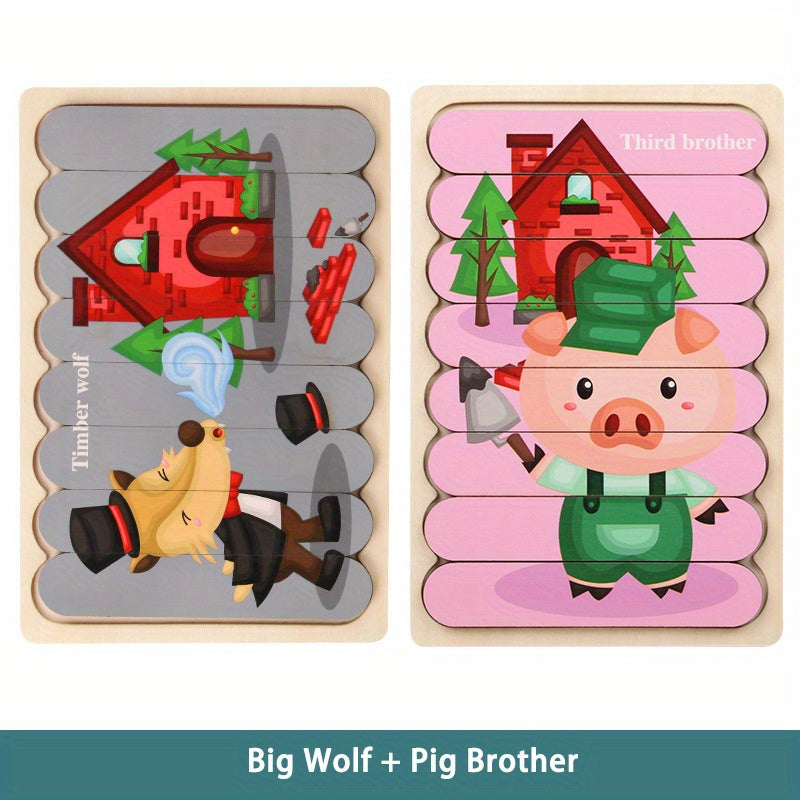 Wooden Strip Puzzle for Creative Children's Early Education: Featuring Cartoon Animal Stories and Traffic/Fruit Themes on Double-sided Boards - A Fun and Educational Toy.