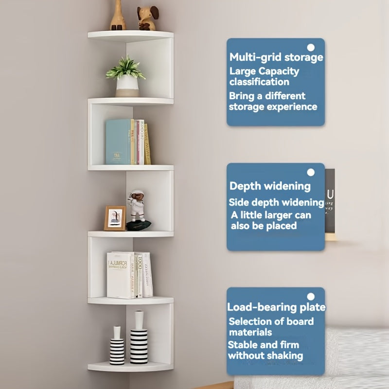 Modern 5-Tier Corner Wall Shelf with PVC Multi-Grid Storage, Polished Finish, Easy No-Drill Installation, Versatile Triangle Shelf for Living Room, Ideal for Book Organization.