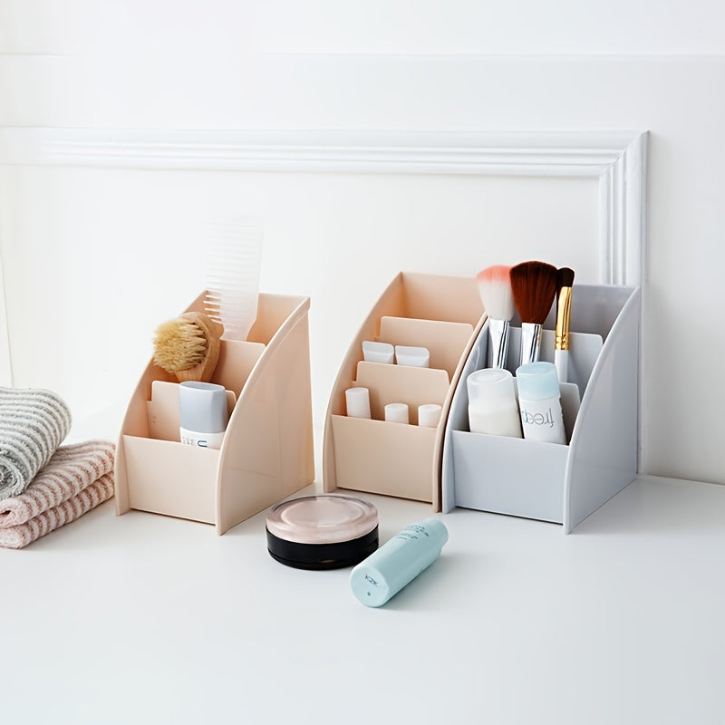 Pocket folder with grid remote control box for organizing cosmetics on desktop.