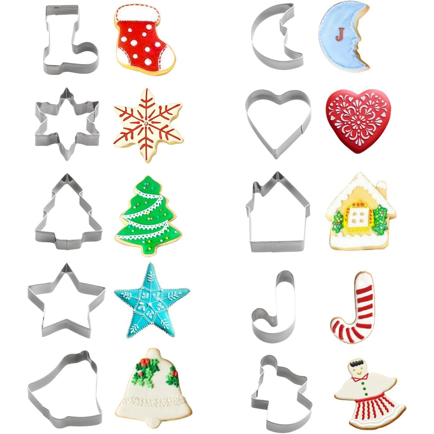 This set of stainless steel cookie cutters and molds has a festive Christmas theme and includes 10 shapes: bell, snowflake, Christmas stocking, crutch, Christmas tree, heart, star, house, moon, and angel.