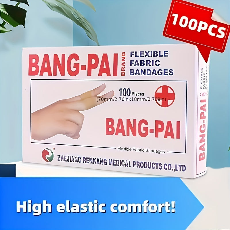 Bang-Pai Flexible Fabric Adhesive Bandages - 100pcs, Breathable, Waterproof, Essential for Home & Outdoor Use, Abrasion Protection