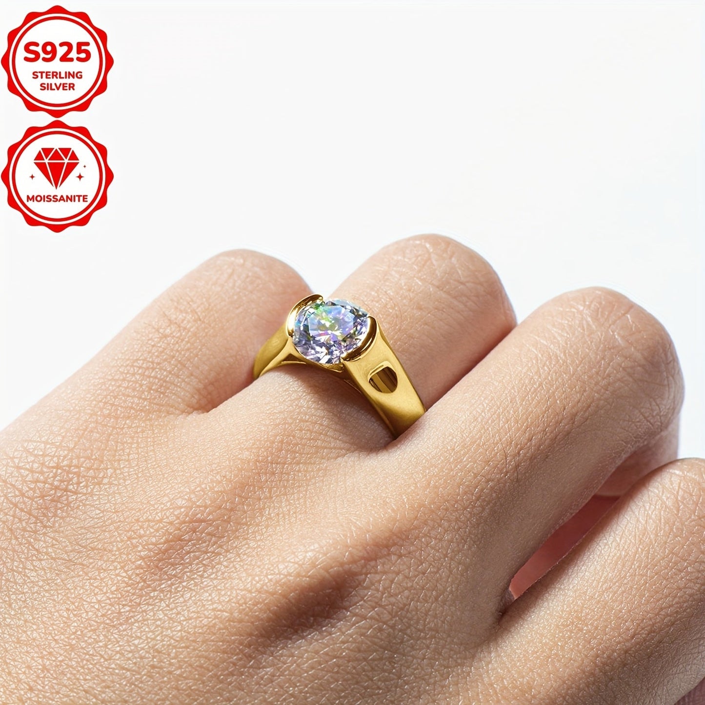 Stunning 2CT Round Moissanite Engagement Ring in Classic Style, Crafted from 925 Sterling Silver with 18K Golden Plating. Features a Synthetic April Birthstone in a Single Stone Setting, Perfect for Weddings, Vacations, and as a Valentine's Day Gift. A