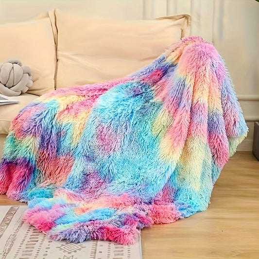 Colorful Rainbow Faux Fur Throw Blanket for a Cozy and Stylish Home Decor | Plush Coral Fleece for Warmth and Comfort | Perfect for Winter or Office Nap | Modern and Contemporary Design