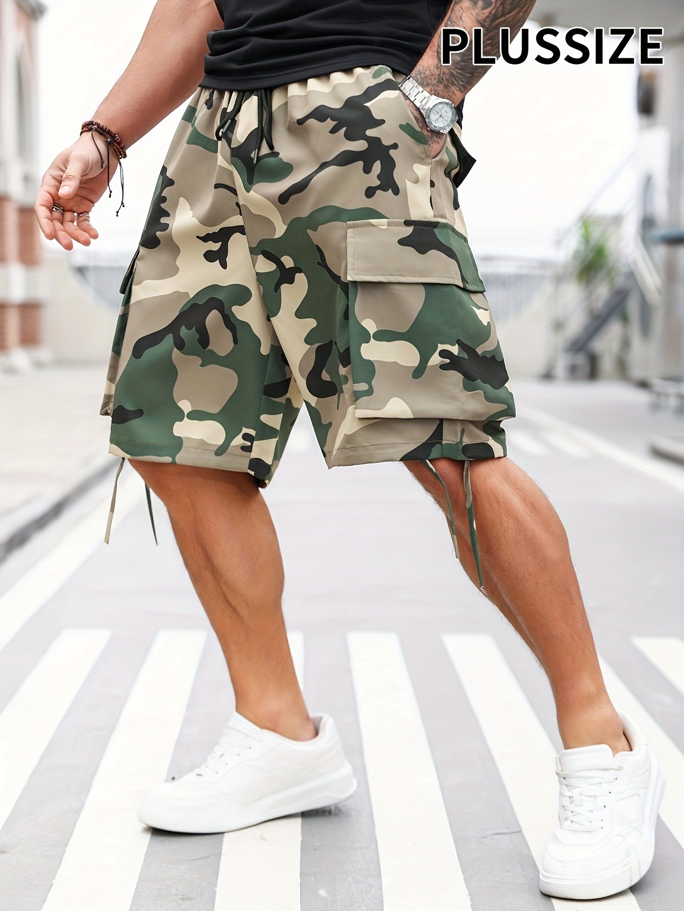 Men's trendy plus size cargo pants with geometric pattern, drawstring waist, and woven fabric.