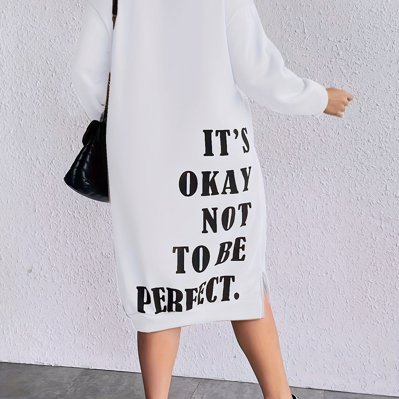 Plus Size Women's Slogan Print Casual Sweatshirt Dress with Long Sleeves and Side Split