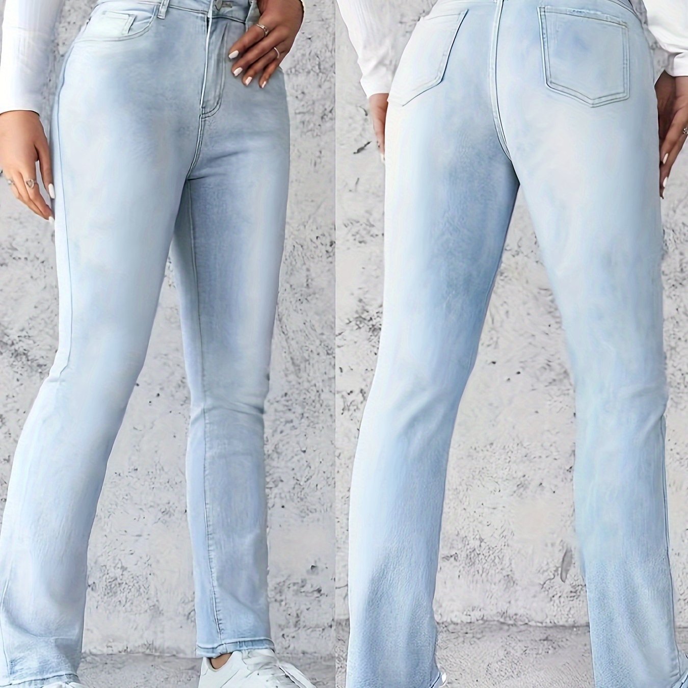 Women's Stretch High-Waisted Straight-Leg Jeans - Light Blue Distressed Denim with Functional Pockets, Half-Button Placket & Invisible Zipper, Versatile Streetwear Style