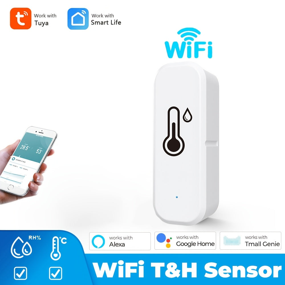 Smart sensor for detecting temperature and humidity changes, connects to WiFi/ZigBee protocol for app control of air conditioner and humidifier. Can be operated remotely via mobile phone