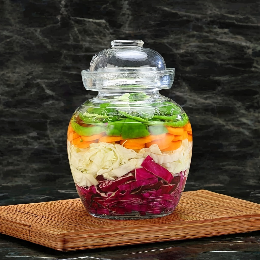 Glass fermentation jar with lid for pickling, 1500ml capacity, ideal for kimchi, sauerkraut, and more. Made of high borosilicate glass with water seal design.