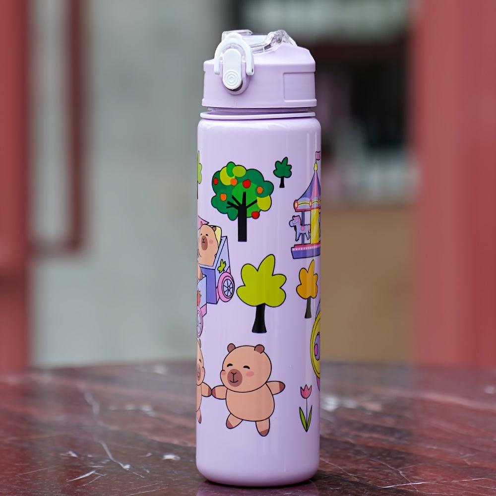 Cute cartoon water bottle (21oz) with leak-proof flip cap and straw, perfect for school, travel, outdoor activities. PVC-free plastic, hand wash only. Suitable for climbing and various holidays and celebrations.