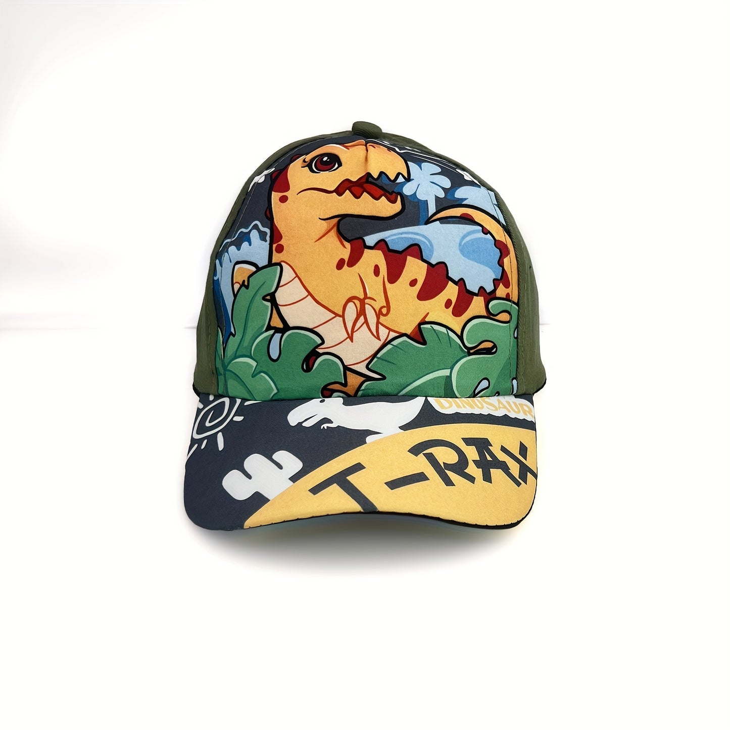 Adjustable cartoon dinosaur print baseball cap for boys and girls.