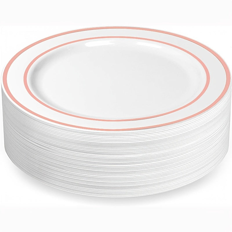 25-50 pieces of golden plastic party plates, measuring 19.05-26.04 cm each. These disposable plates are made of premium heavy-duty plastic, perfect for serving dinner and appetizers at parties and weddings.