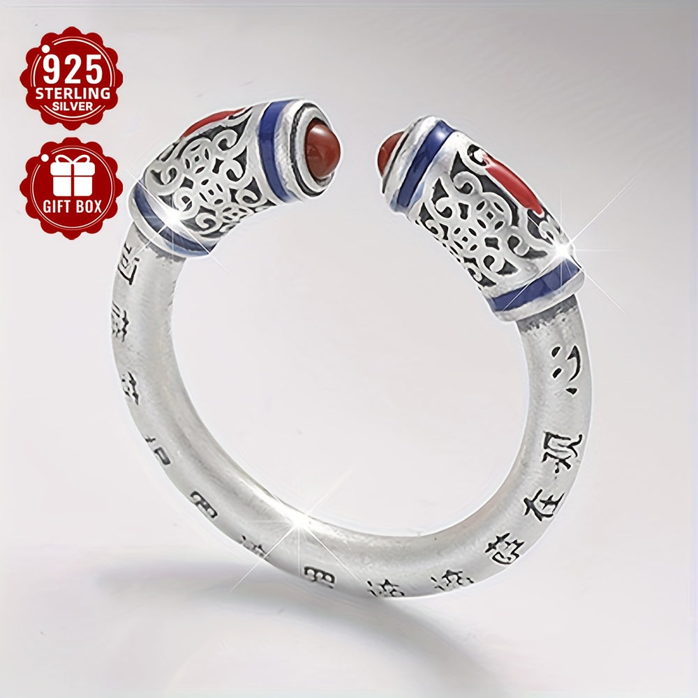 Open ring crafted from 925 sterling silver, featuring a retro, neutral, and national design with a drop glue red agate heart sutra carving. The matte finish adds a touch of elegance, making it suitable for party gatherings. Perfect for both men and