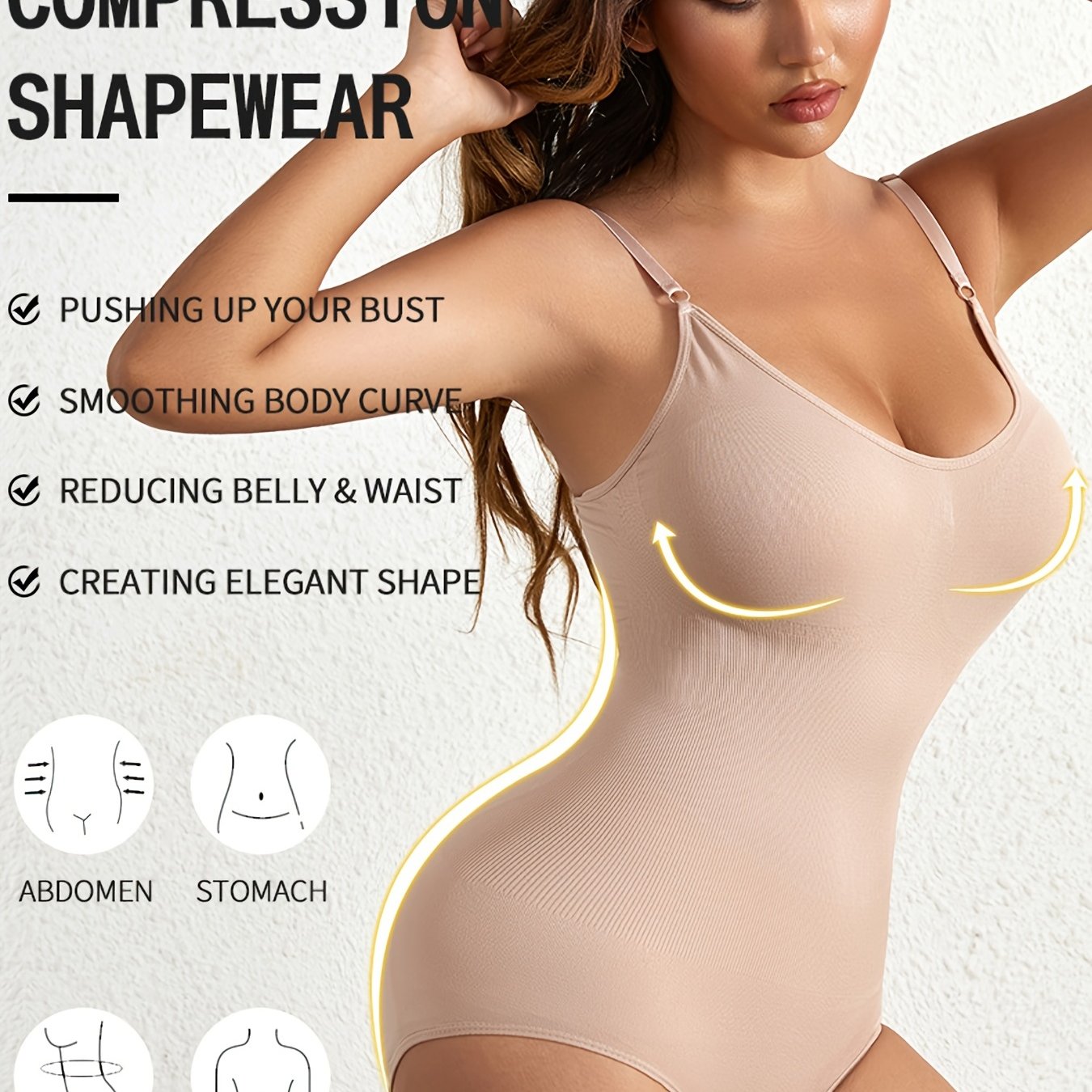 Women's Slimming Body Shaper Jumpsuit in Brown, sizes XS-XXL. Tummy control, hip lifting, elastic waist. Soft nylon blend, hand wash or dry clean. Comfortable and durable shapewear.