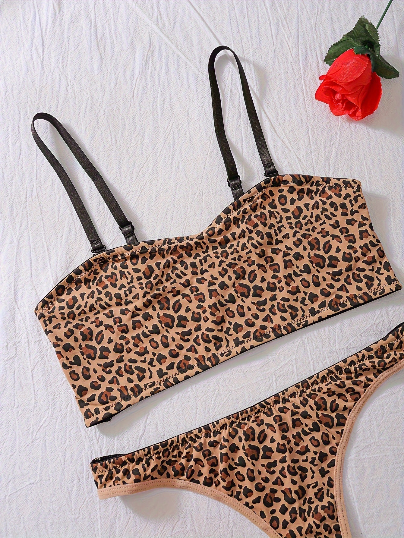 Leopard print bra and panties set for women, machine washable nylon blend, no padding.