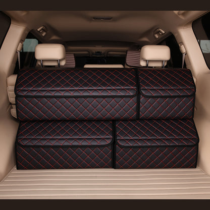 Car trunk organizer made of premium PU leather with diamond stitching and red accents, collapsible and multi-compartment storage box for cars, trucks, and SUVs.