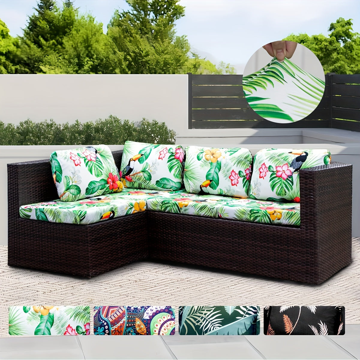 Protect your outdoor sofa with this Bohemian style cushion cover set featuring animal leaves and flowers print. Add a touch of Coconut Grove charm to your home decor.