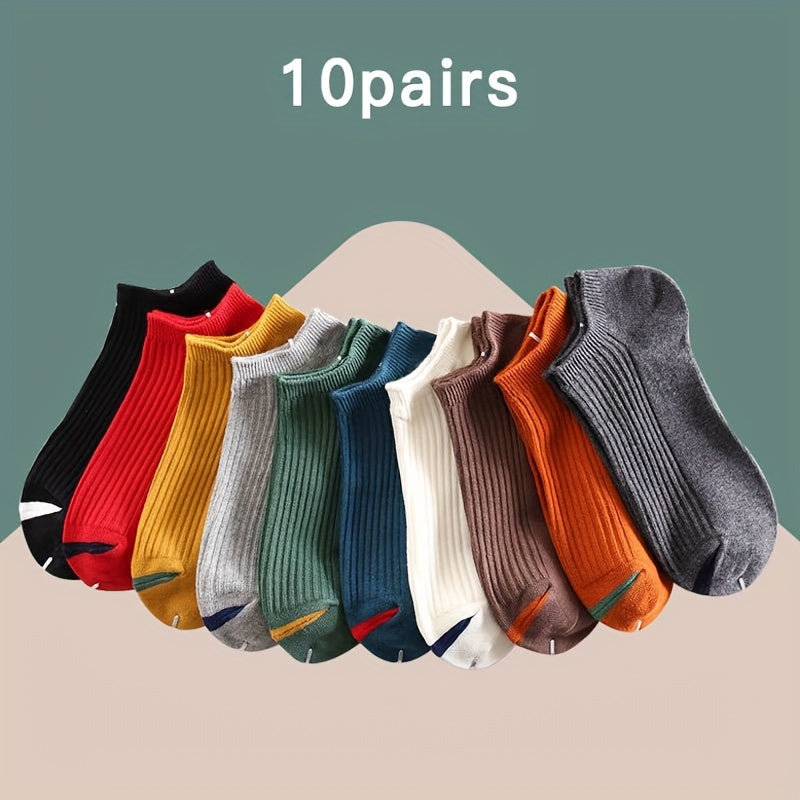 10 Pairs of Men's Solid Liner Anklet Socks, Breathable and Absorbent for Outdoor Wear