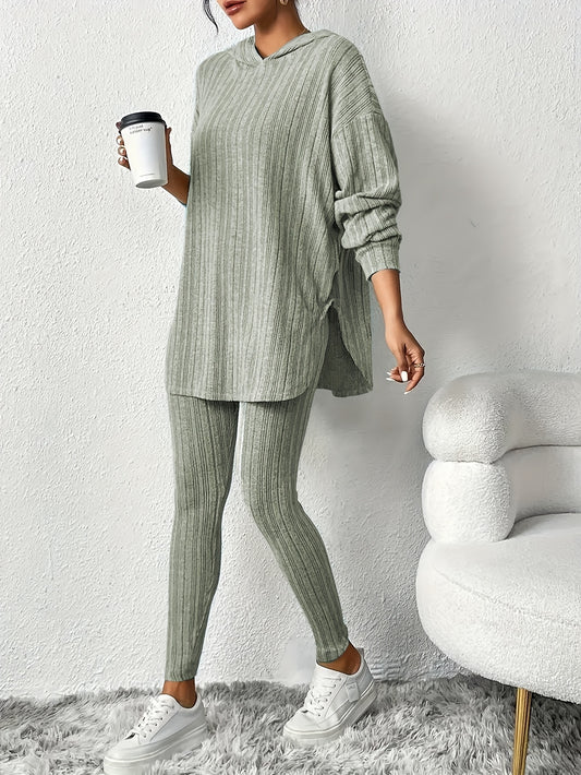 Women's cozy ribbed fleece lounge set featuring a long sleeve hoodie and stretchy leggings ideal for casual home wear in the fall/winter. Made of a comfortable polyester blend with a