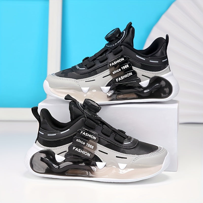 Stylish solid color boys' basketball sneakers with rotating buckle, breathable lining, and EVA sole for running and sports.